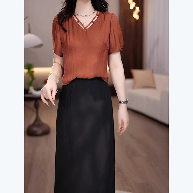 假两件遮肚子中长连衣裙遮肚2025夏季新款显瘦套装简约遮肉