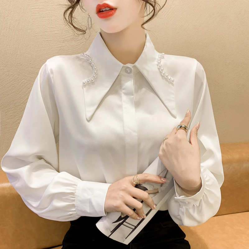 2025秋季新款设计感小众尖领长袖衬衫女洋气时尚上衣叠穿打底衬衣