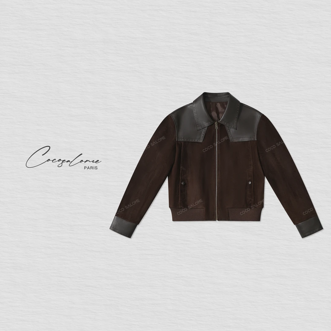 韩彬彬"独家"意大利双皮革拼接头层油蜡时髦羊皮慵懒皮衣2380-1