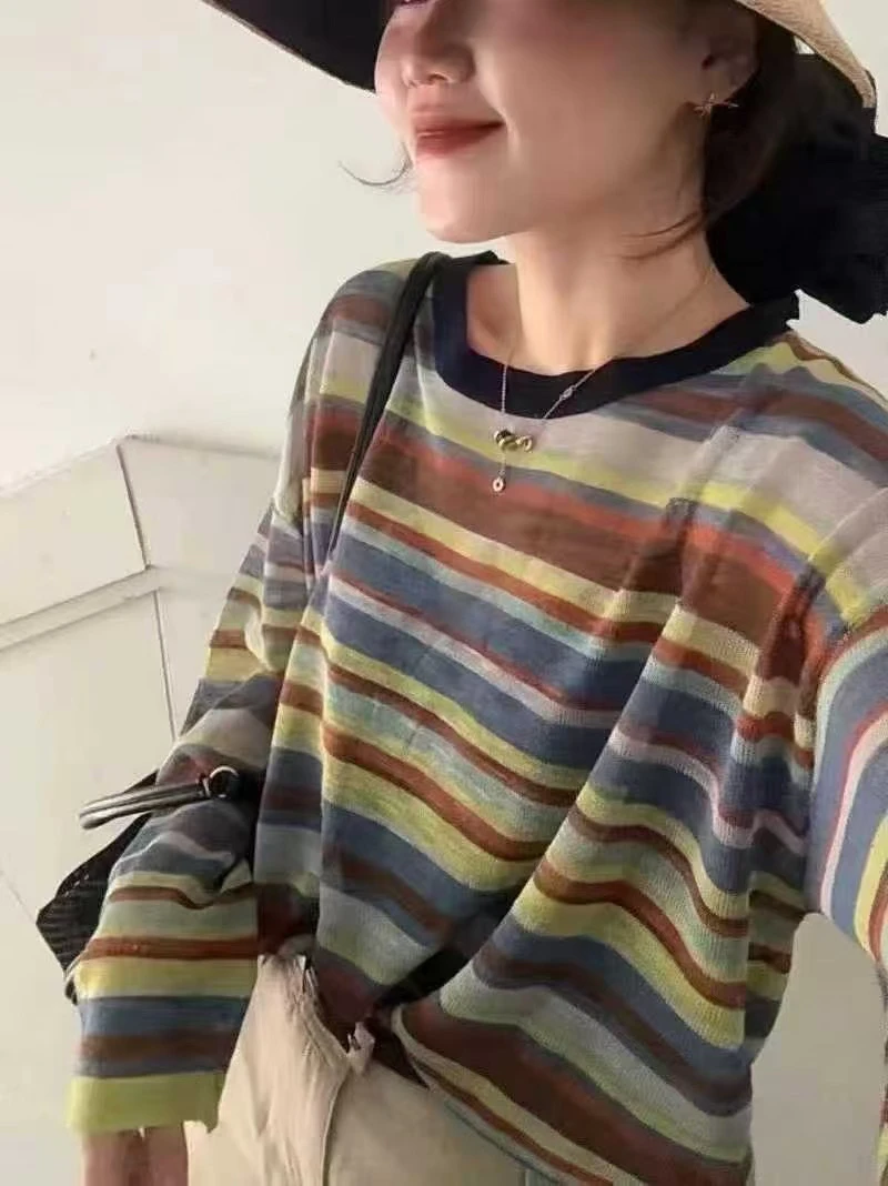 薄款套头彩色条纹防晒女长袖针织衫宽松新疆内蒙古西藏不包邮