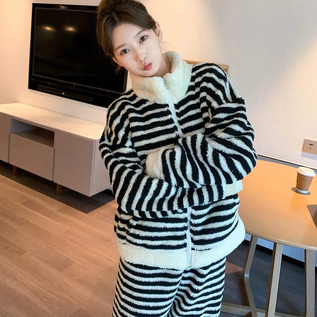 秋冬季长袖黑白条纹高龄睡衣家居服套装加绒睡衣女款爆款2025新款
