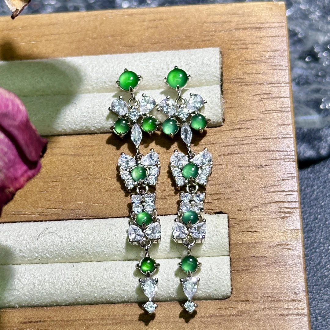 S925银流苏蛋面耳钉天然翡翠-jy(多样性发一)