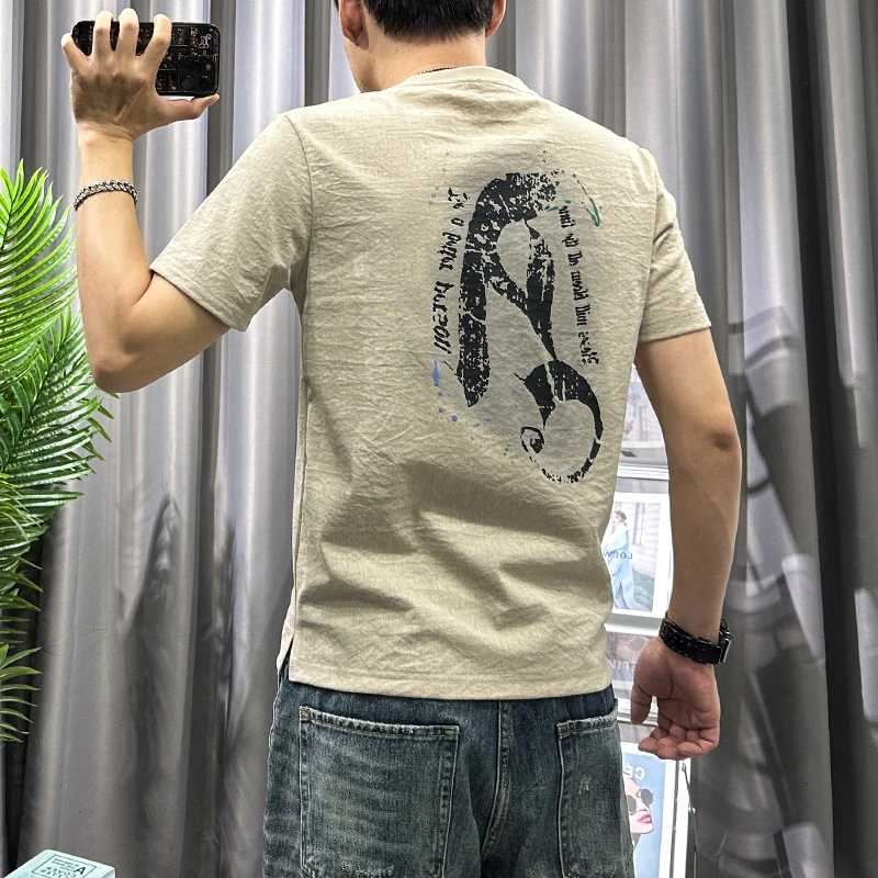短袖T恤男牛津麻棉夏季新款潮牌卡通印花男士修身仿棉麻半袖薄款