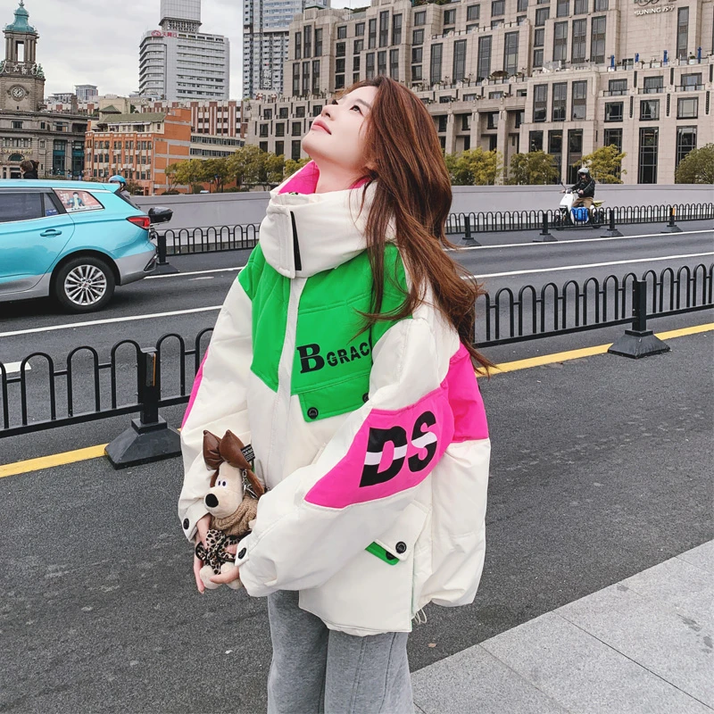 多巴胺撞色工装风羽绒服2025冬季新款小众韩系ins风白鸭绒面包服