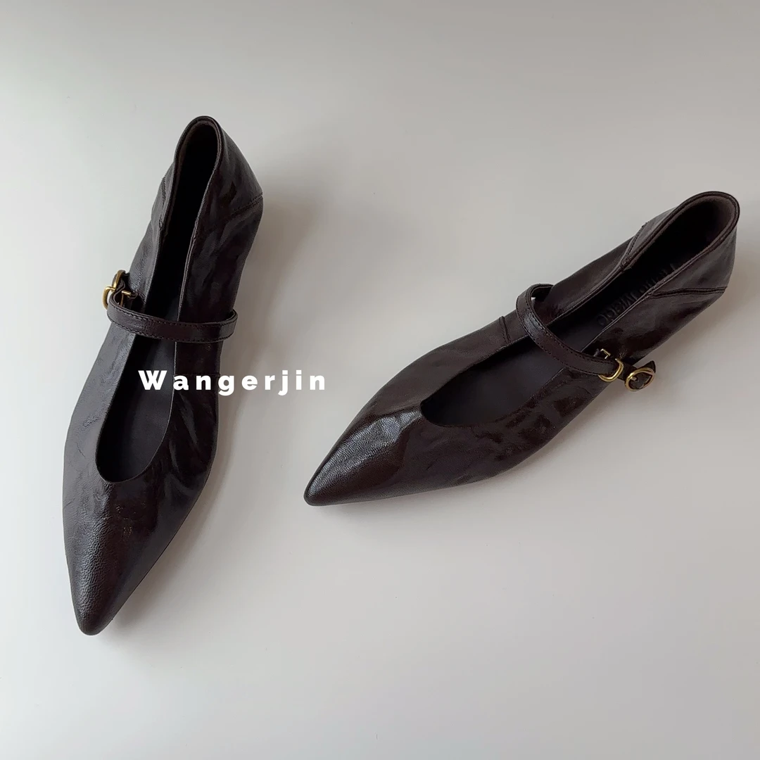 【王二今】羊皮/3.5CM/法式尖头粗高跟气质一字带玛丽珍时装单鞋女