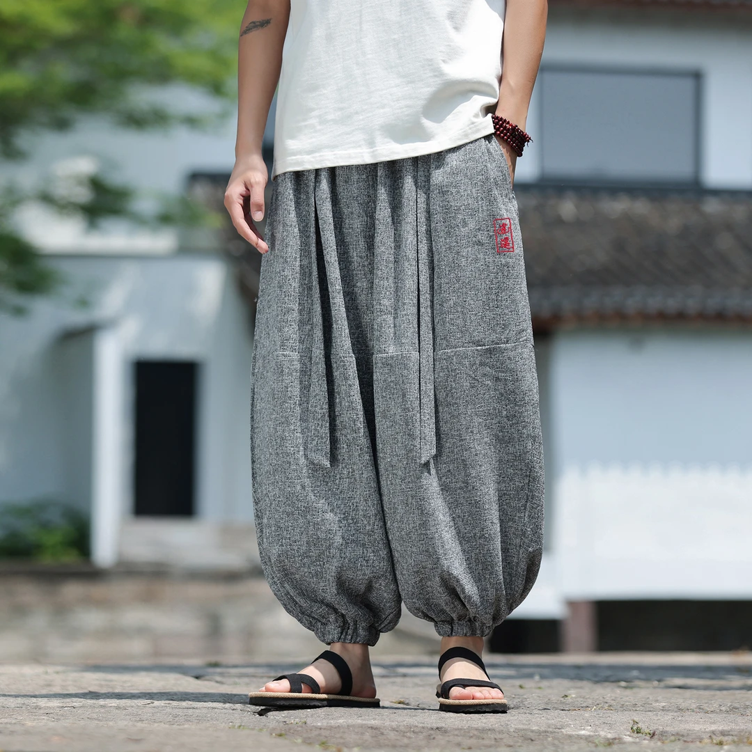 加肥加大码胖子灯笼哈伦裤夏季中国风男装复古潮牌刺绣冰丝运动裤