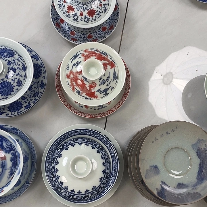 瓷片景德镇三个三才盖碗