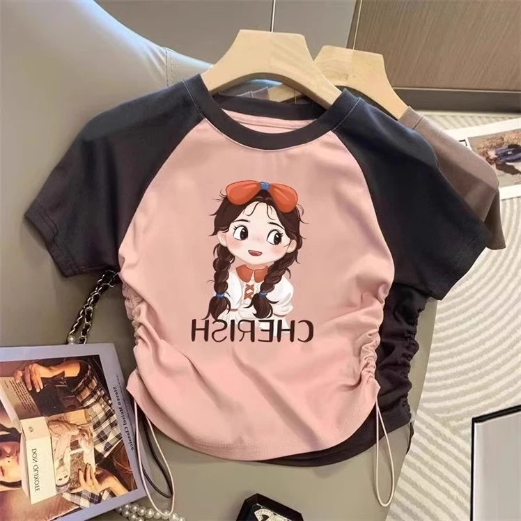 2025新款纯棉儿童韩版女童短袖T恤夏装上衣小女孩休闲抽绳打底衫