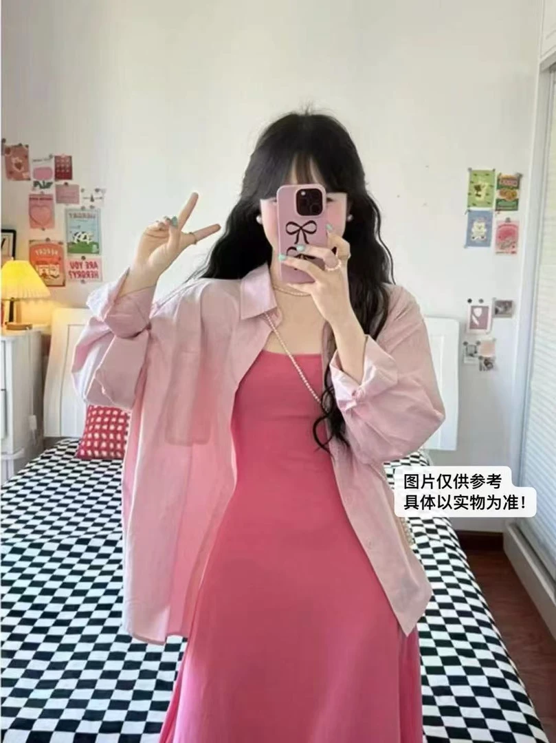 天一~韩系少女系衬衫吊带裙叠穿宽松百搭遮肉长袖外搭8918