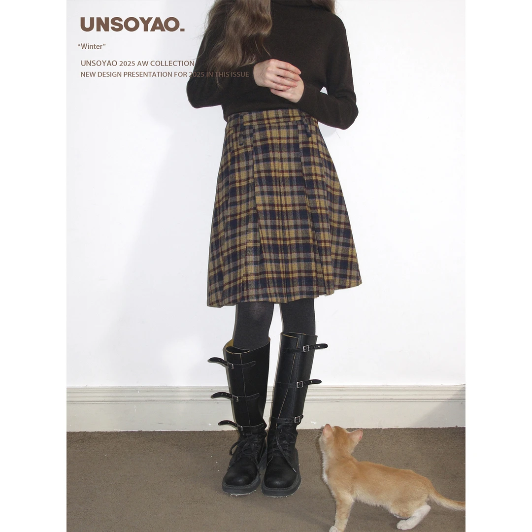 本期固定线百褶裙“偏爱格纹”复古常春藤知识风艺术毛呢半身裙