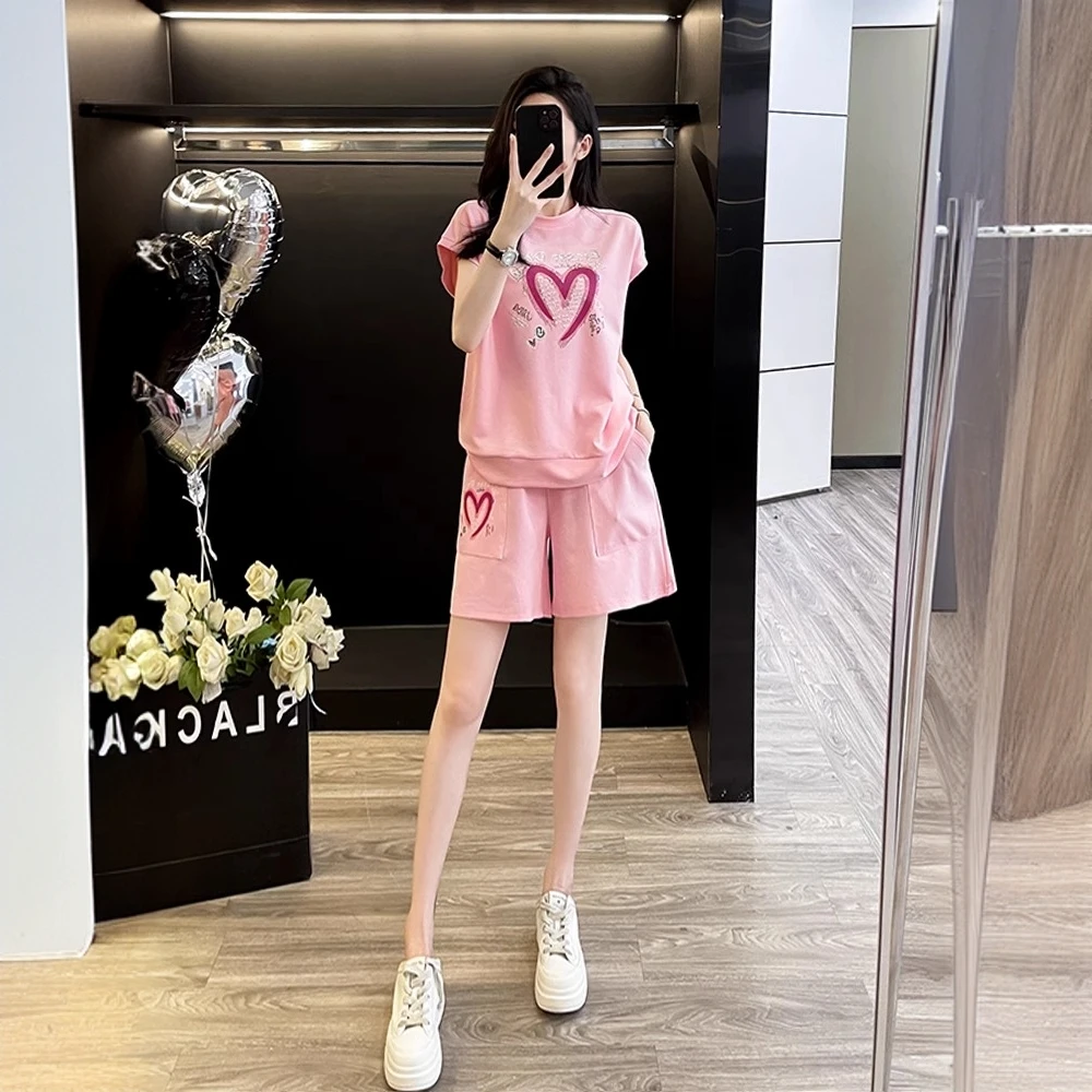 粉色运动休闲套装女夏季新款宽松洋气减龄炸街衣服短袖短裤两件套