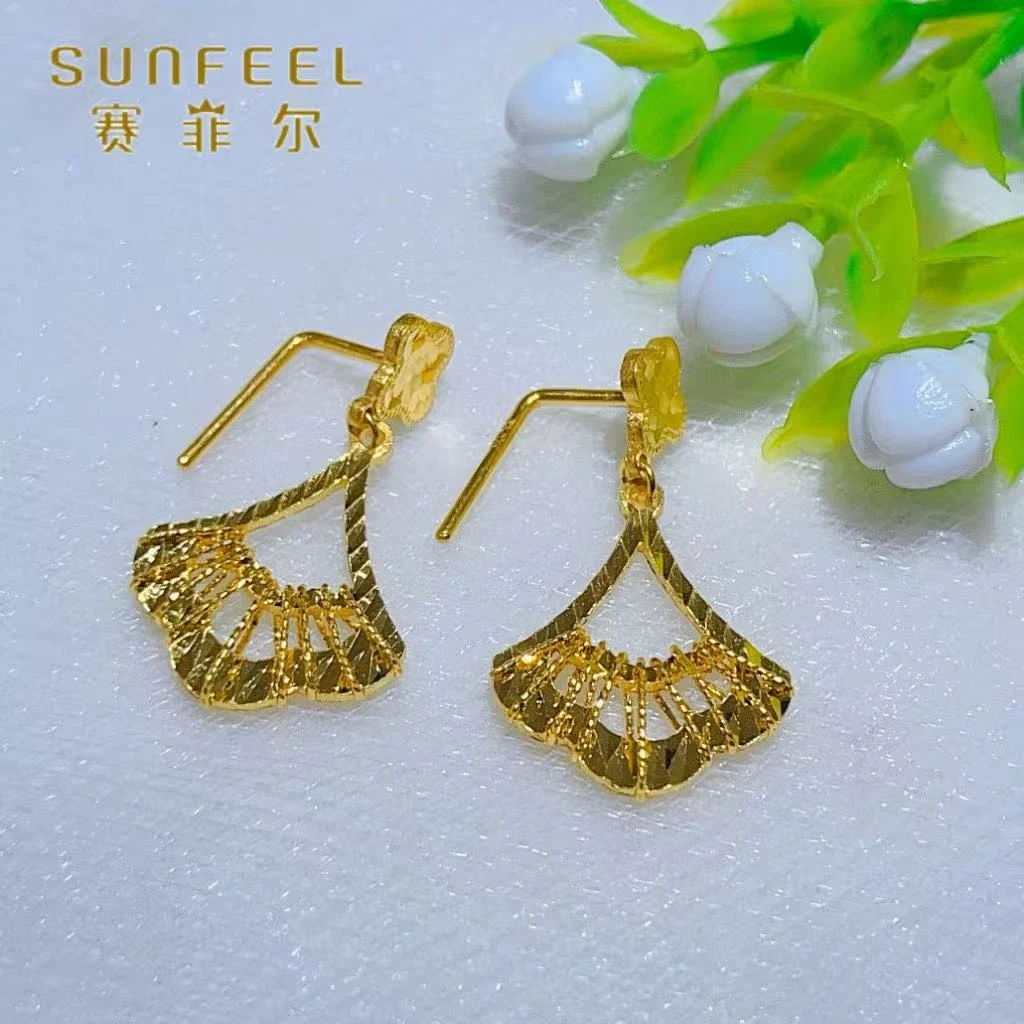 SUNFEEL/赛菲尔黄金足金鱼鳞小裙子7字钩黄金耳饰个性时尚5G精工