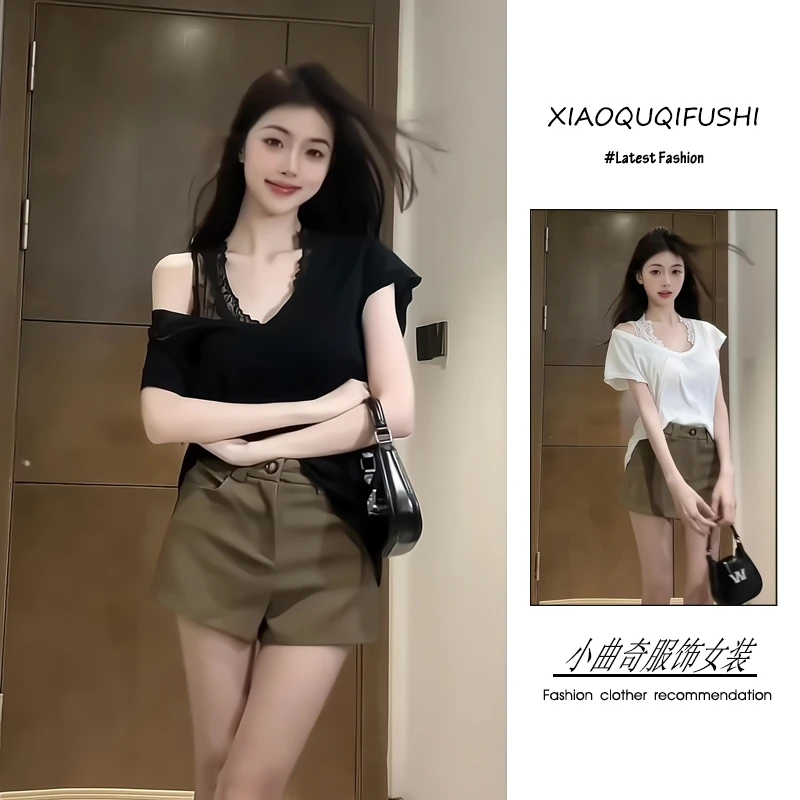 2025年夏季韩系性感风时尚潮流百搭精品女装T恤蕾丝短裤三件套女