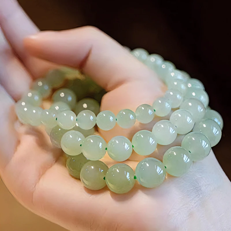 天然冰底浅晴水和田玉圆珠手串玉质细腻油润饱满雕工精致基地发货