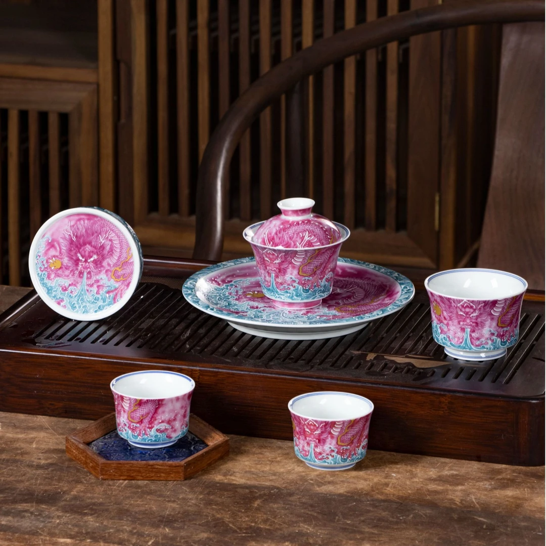 景德镇胭脂红龙壶承套组 干泡台 复古 家用 简约 长方形