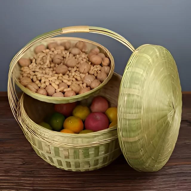 竹编篮子结婚手提双层带盖水果干果零食篮户外郊游篮野炊采摘篮子