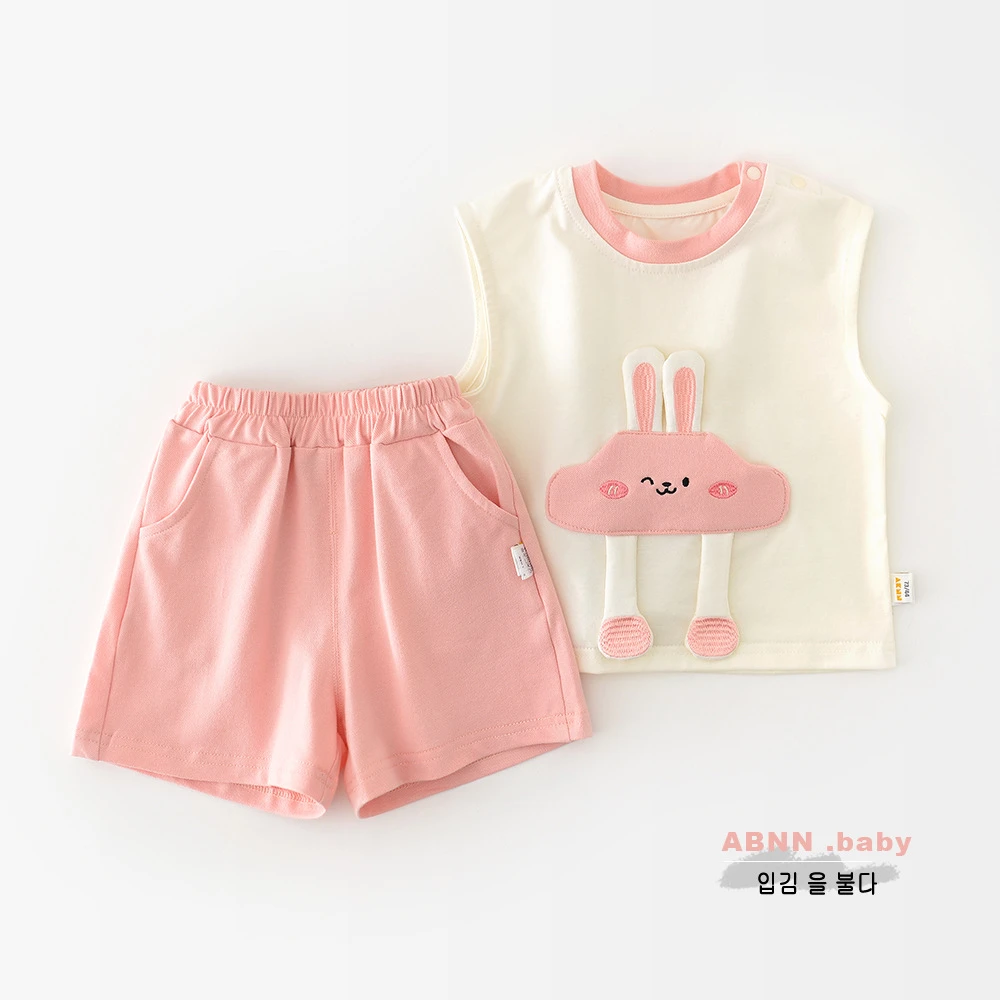 abnn夏季新款女童卡通小兔背心套装 婴幼童0-3岁上衣裤子两件套