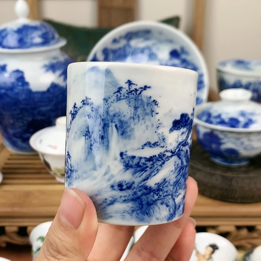 青花山水手工直筒杯