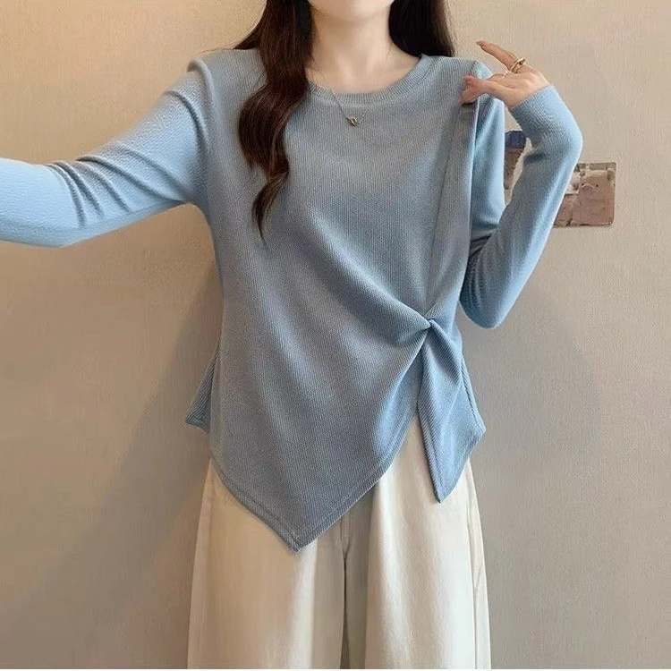大码蓝色正肩t恤长袖女2025新款秋季胖mm不规则遮肚显瘦微胖上衣