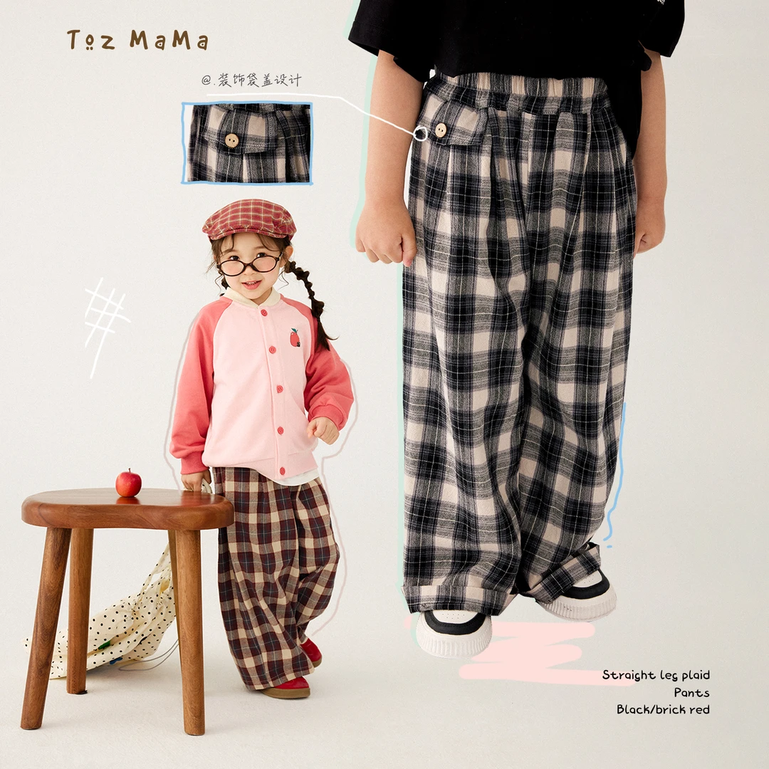 豆几妈3/1【直筒格子裤】男童纽扣装饰休闲直筒格子裤女童裤子夏