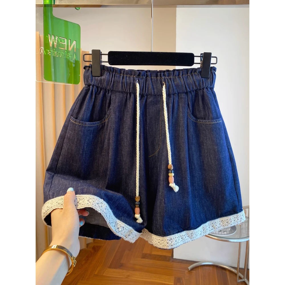 胖妹妹大码蕾丝花边牛仔短裤女夏新款宽松a字阔腿裤气质百搭热裤