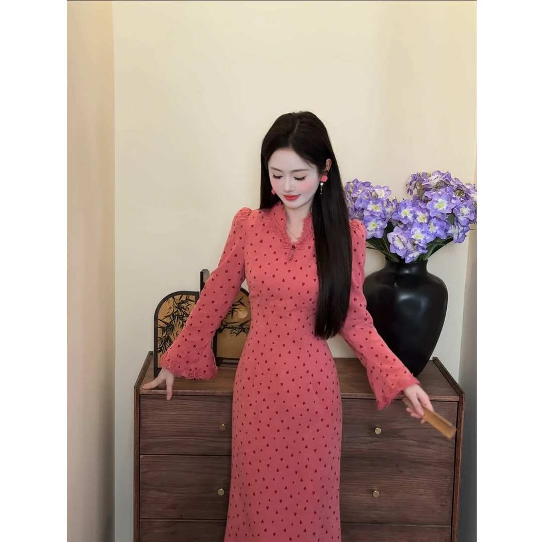 【松间语】七七很芒秋季新中式蕾丝拼接波点旗袍连衣裙XMZH9555
