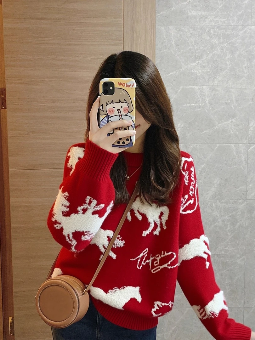 红色本命年穿搭套头毛衣女秋冬季马年独特漂亮打底内搭针织衫上衣