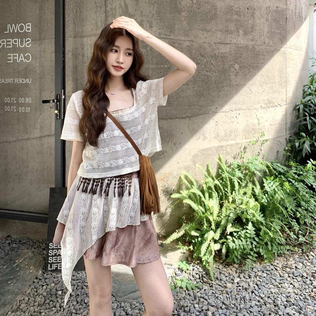 蕾丝挂脖吊带罩衫半身裙套装女2025新款夏季时尚减龄复古三件套潮