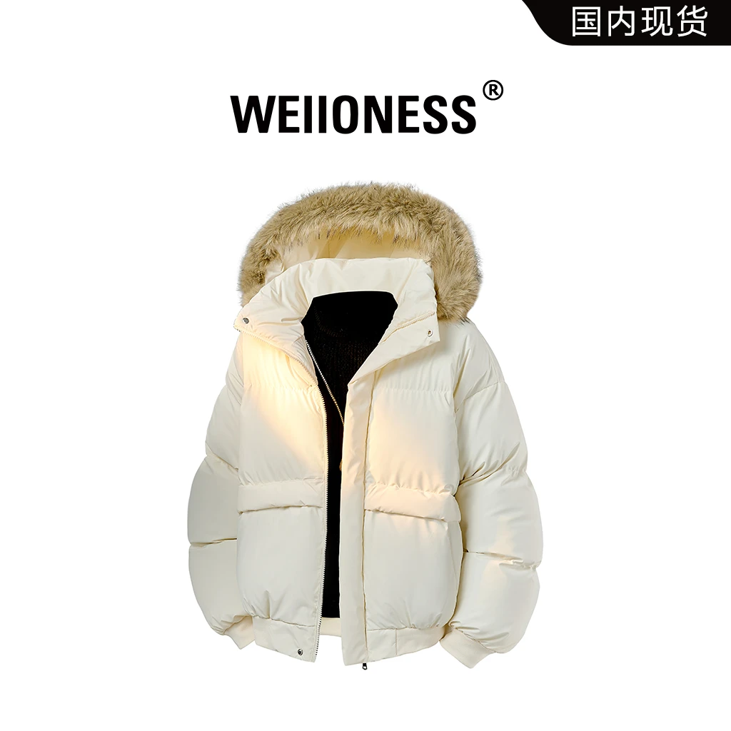 WEIIONESS毛领连帽棉衣男士秋冬保暖轻奢休闲外套高级感宽松男装