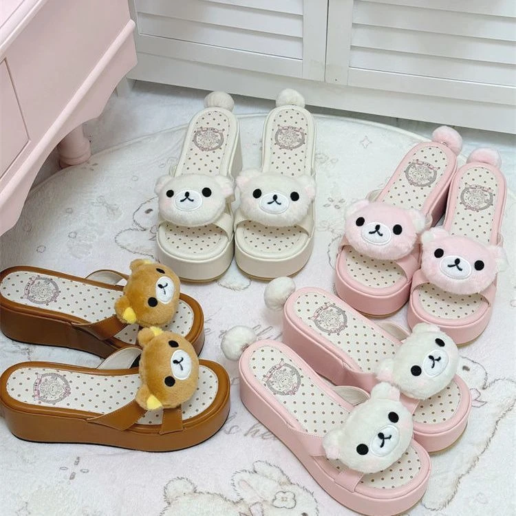 时尚百搭拼色可爱粉少女心小熊一字拖鞋女鞋外穿小个子增高凉拖女