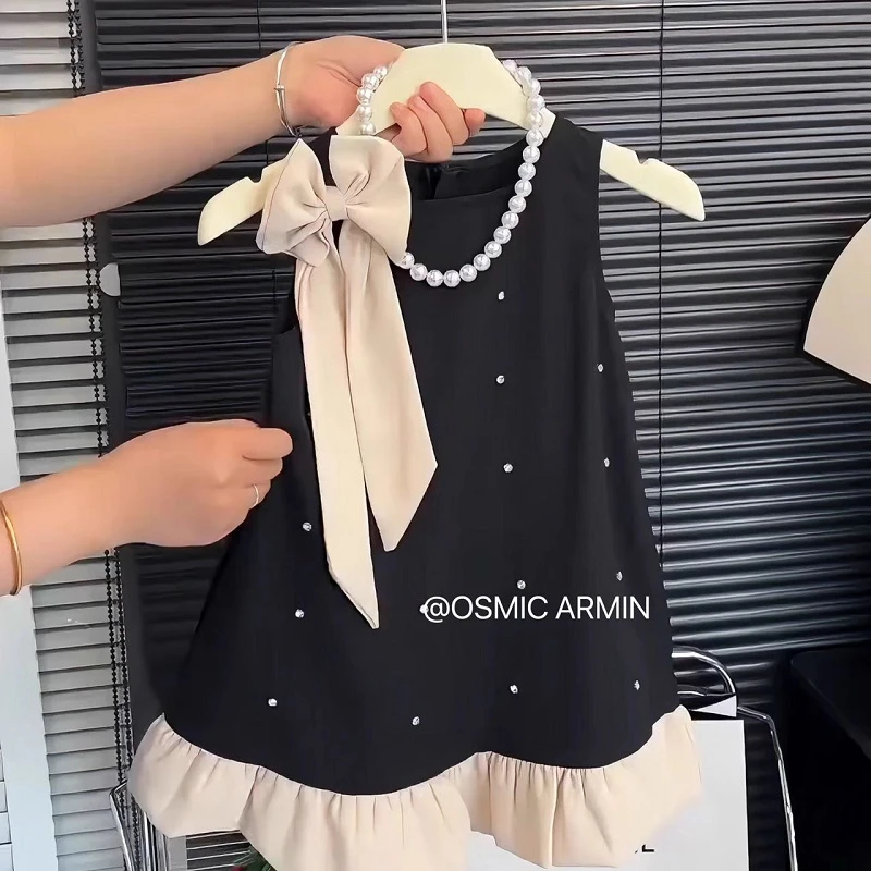 女童连衣裙夏季新款儿童小香风黑色礼服裙夏装女孩钉珠公主裙潮