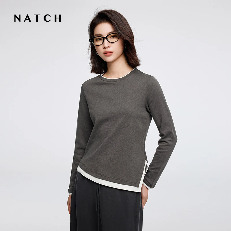 NATCH/南枳高密长绒棉长袖T恤女2025秋款修身假两件打底衫上衣