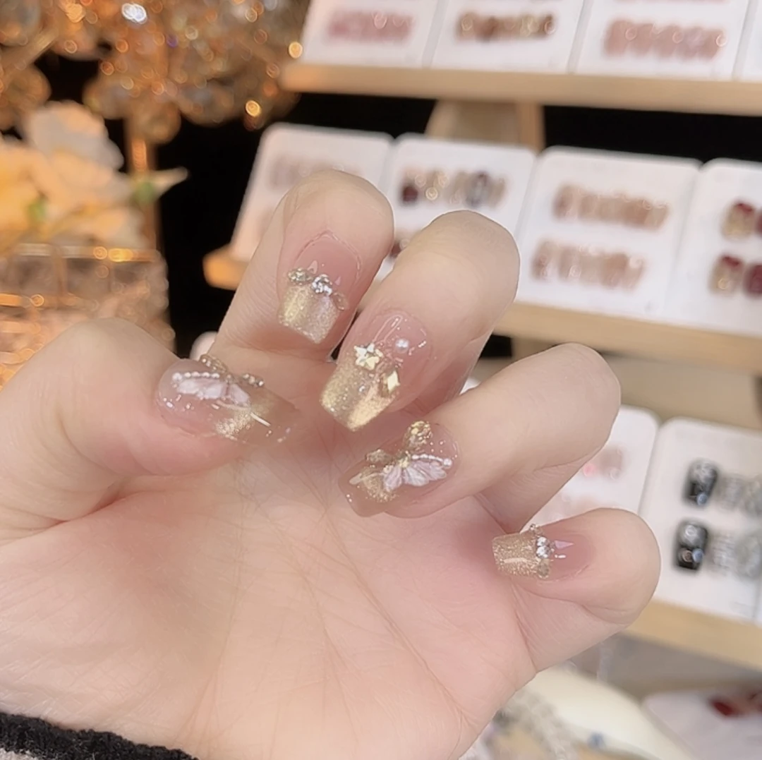 【星辰福蝶】纯手工穿戴甲裸粉色法式美甲10片