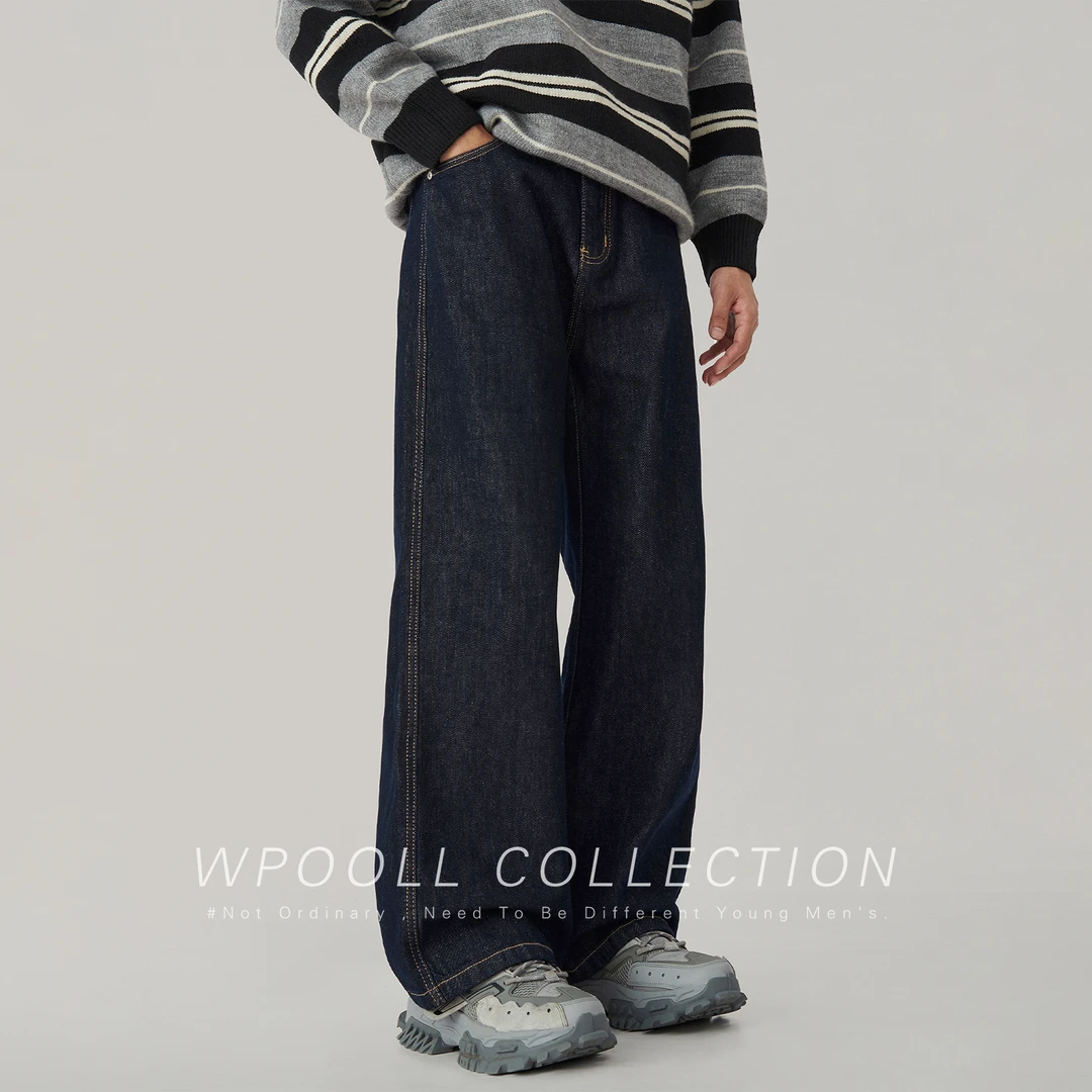 秋季美式高街丹宁原色牛仔裤男生潮牌休闲直筒裤子男宽松阔腿长裤