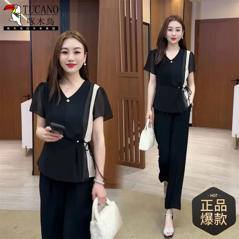 啄木鸟短袖显瘦气质洋气时尚休闲夏季减龄套装女神范韩版宽松百搭