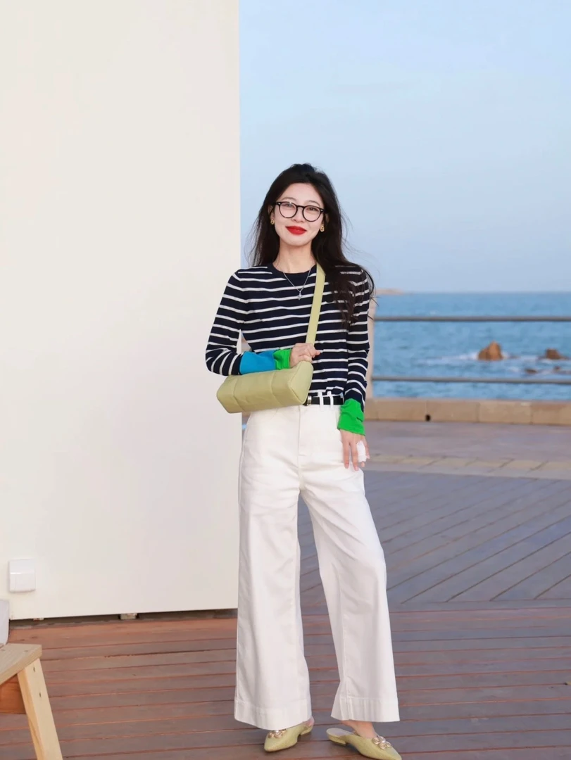 2025春季新款女百搭系打底衫白色拼色袖子时尚休闲条纹长袖T恤