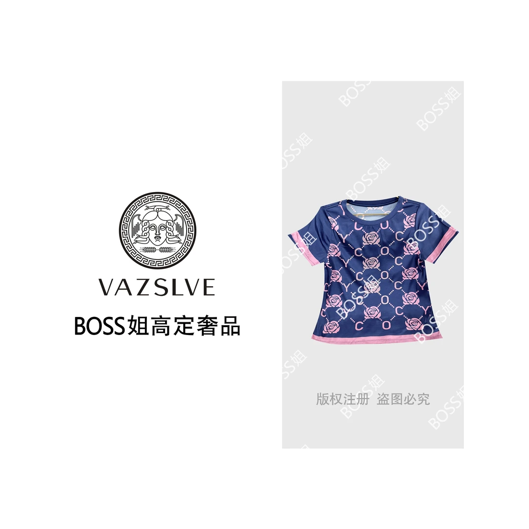 【VAZSLVE/原创设计】‘’菱格玫瑰‘’烫钻桑蚕丝上衣高端轻奢印花T恤