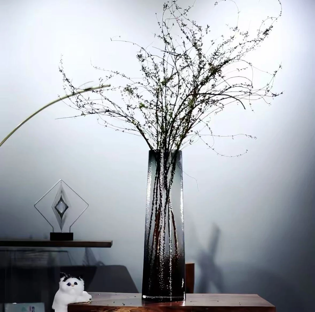 50CM烟灰花瓶 | 加厚水晶玻璃工艺手工锤纹落地雪柳龙柳装饰小家