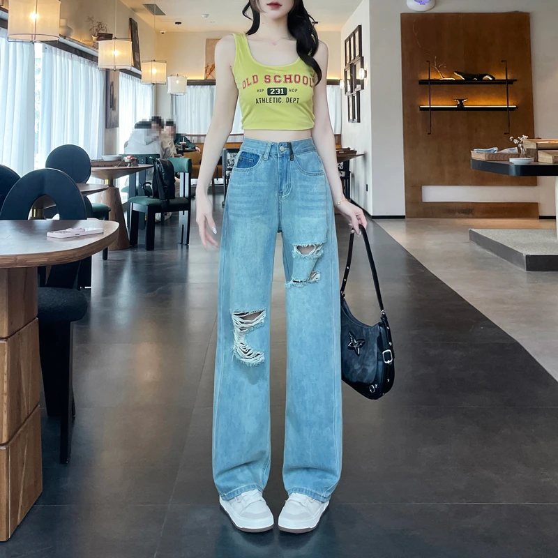破洞窄版浅色牛仔裤女春季2025新款高腰显瘦小个子显高阔腿裤