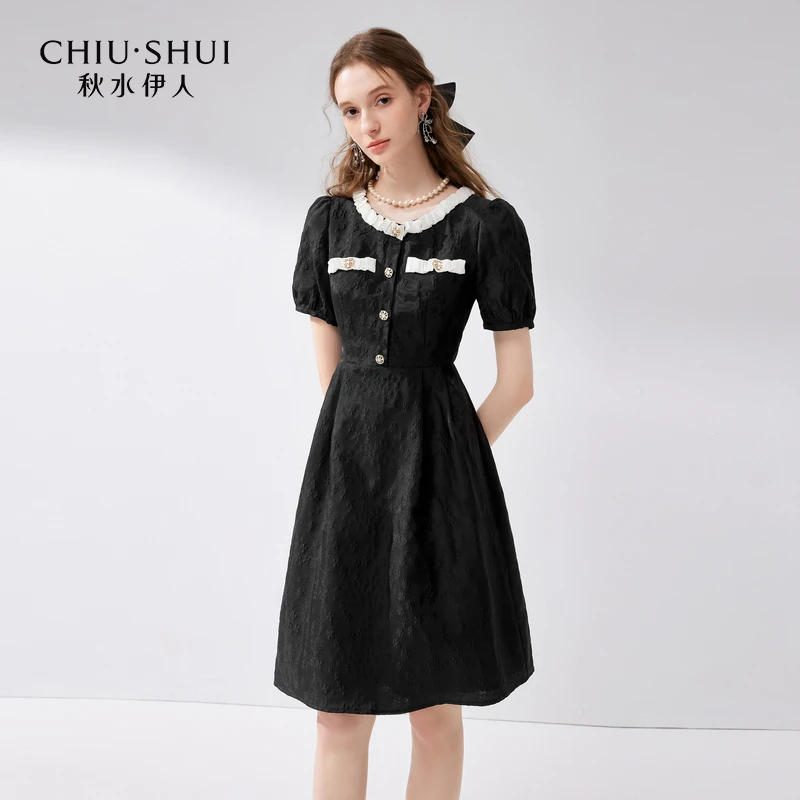 【小铃铛】秋水伊人连衣裙女装少女感泡泡袖小黑裙624202A020008