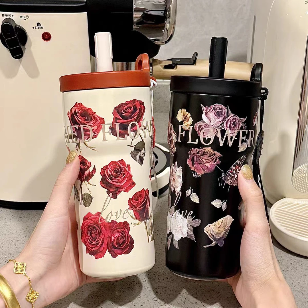 高颜值繁花316不锈钢吸管杯车载水杯便携保温杯咖啡杯子