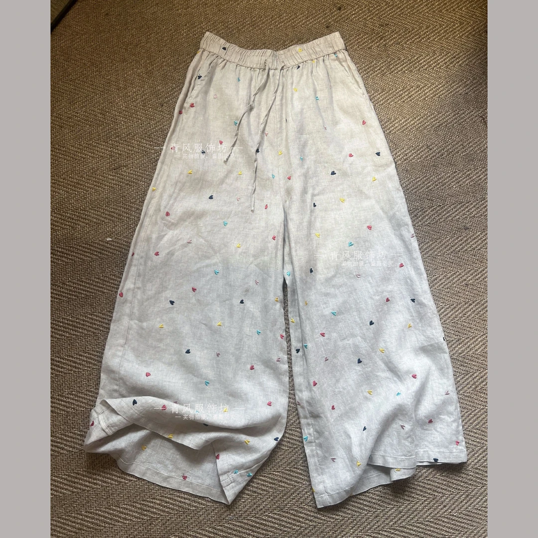 30500 爱心刺绣亚麻夏季阔腿裤长裤休闲裤高腰宽松森系山本风国风