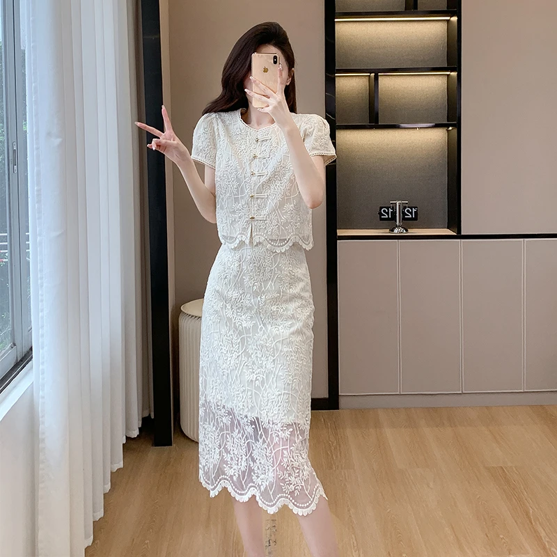 女款8619品质现货无2025直筒新款气质新中式水溶蕾丝两件套套装