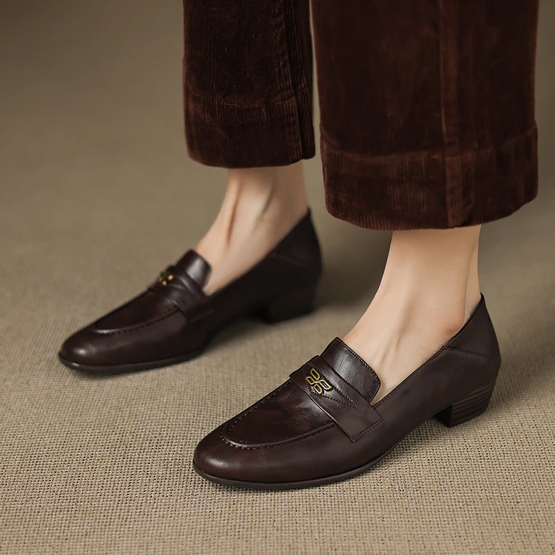 RANBEST复古通勤OL百搭舒适高级感显瘦春秋真皮平跟单鞋乐福鞋女