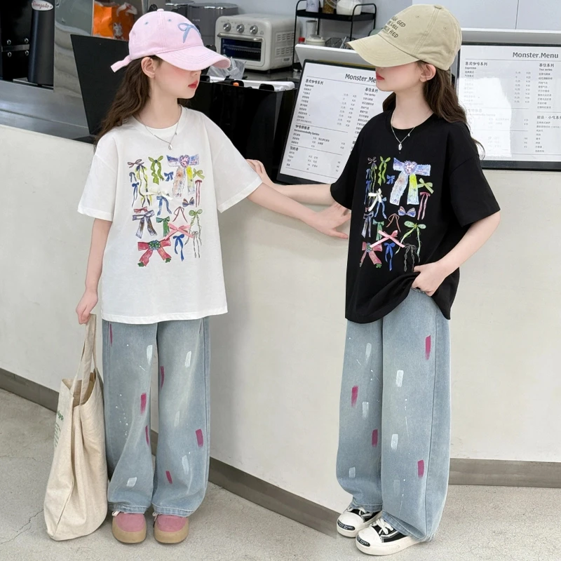 女童短袖夏季款2025新款儿童洋气蝴蝶套装女孩大童夏装衣服初中生