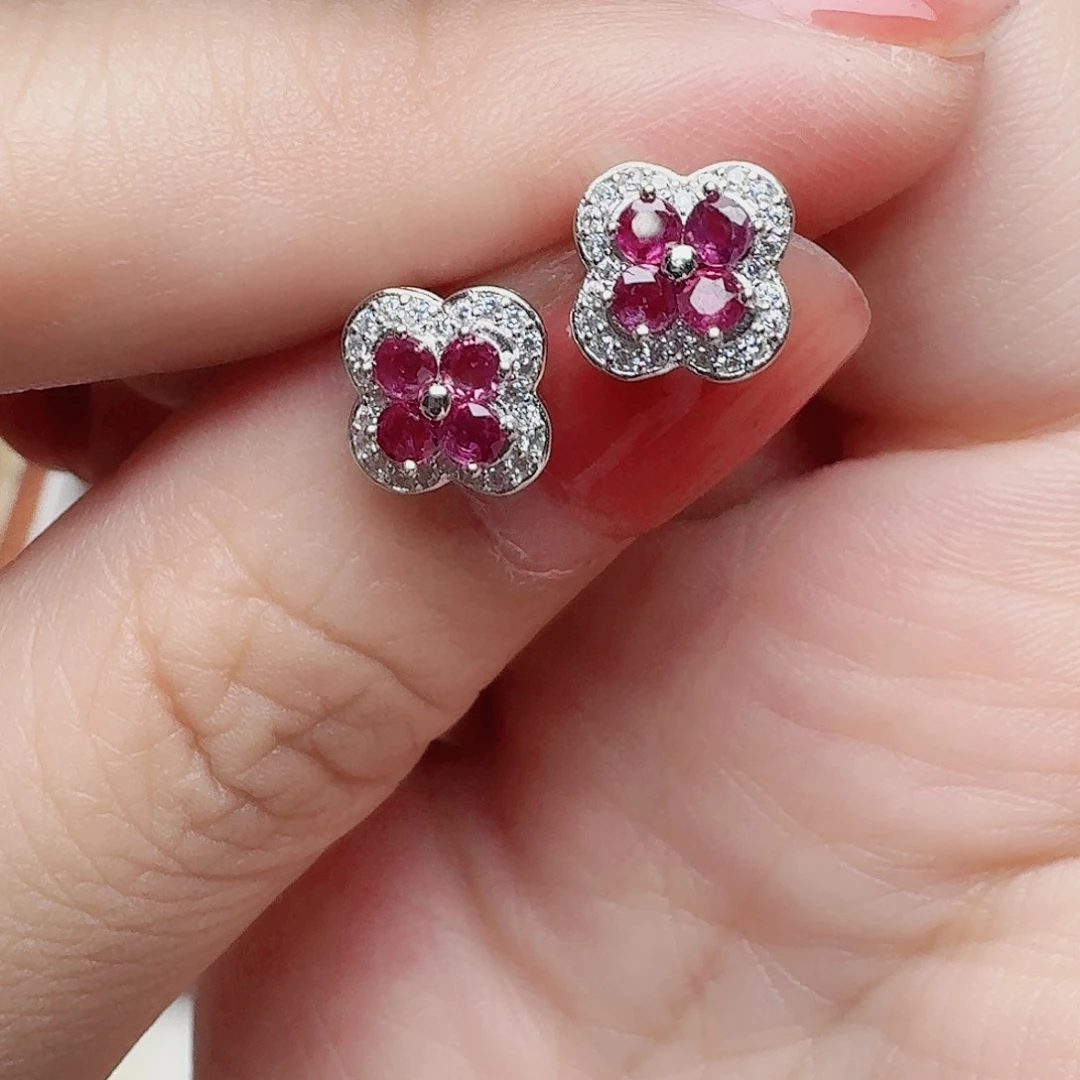 耳饰银S925镶嵌红宝石耳钉