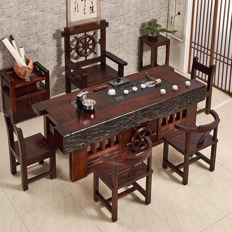 老船木茶桌椅组合中式实木功夫茶几家用办公室小茶台茶具套装一体