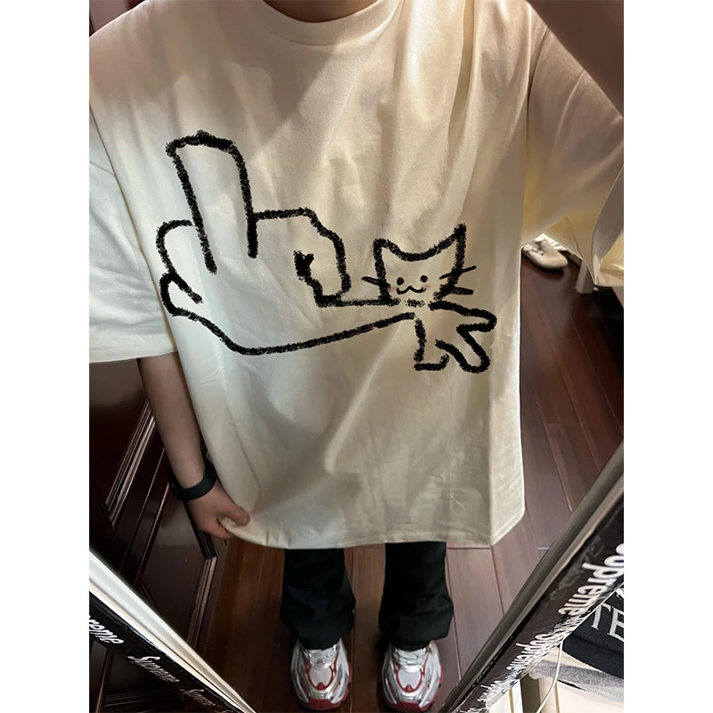 夏季新款趣味设计感创意印花ins风短袖T恤男女320g重磅纯棉上衣潮