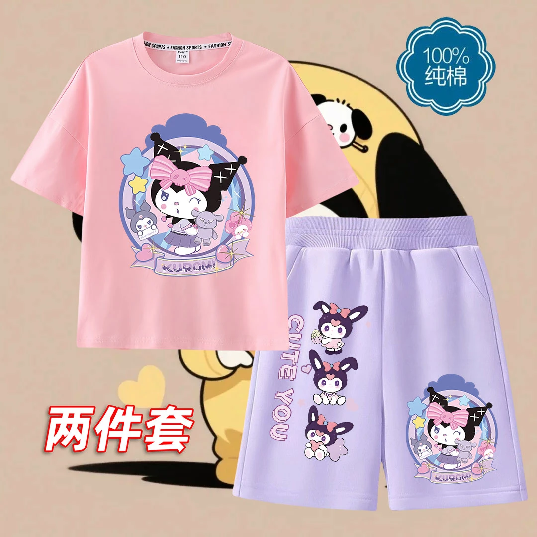 库洛米女童纯棉短袖短裤套装夏季新款潮印花T恤五分裤儿童两件套3