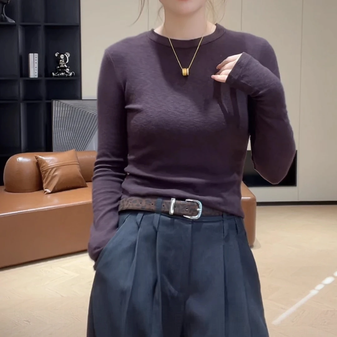 显瘦圆领简约纯色百搭长袖打底衫女2025新款秋冬内搭时尚修身T恤